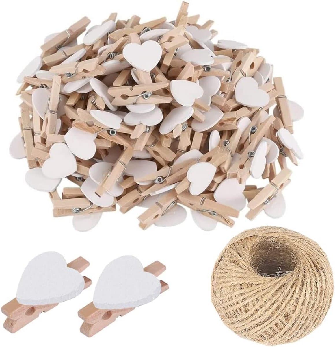 Mini Houten Hartjes - Wasknijpers Foto Clips - Decoratie & Knutselen - Natuurlijk Hout Materiaal - 25 Stuks - Wit — afbeelding 1