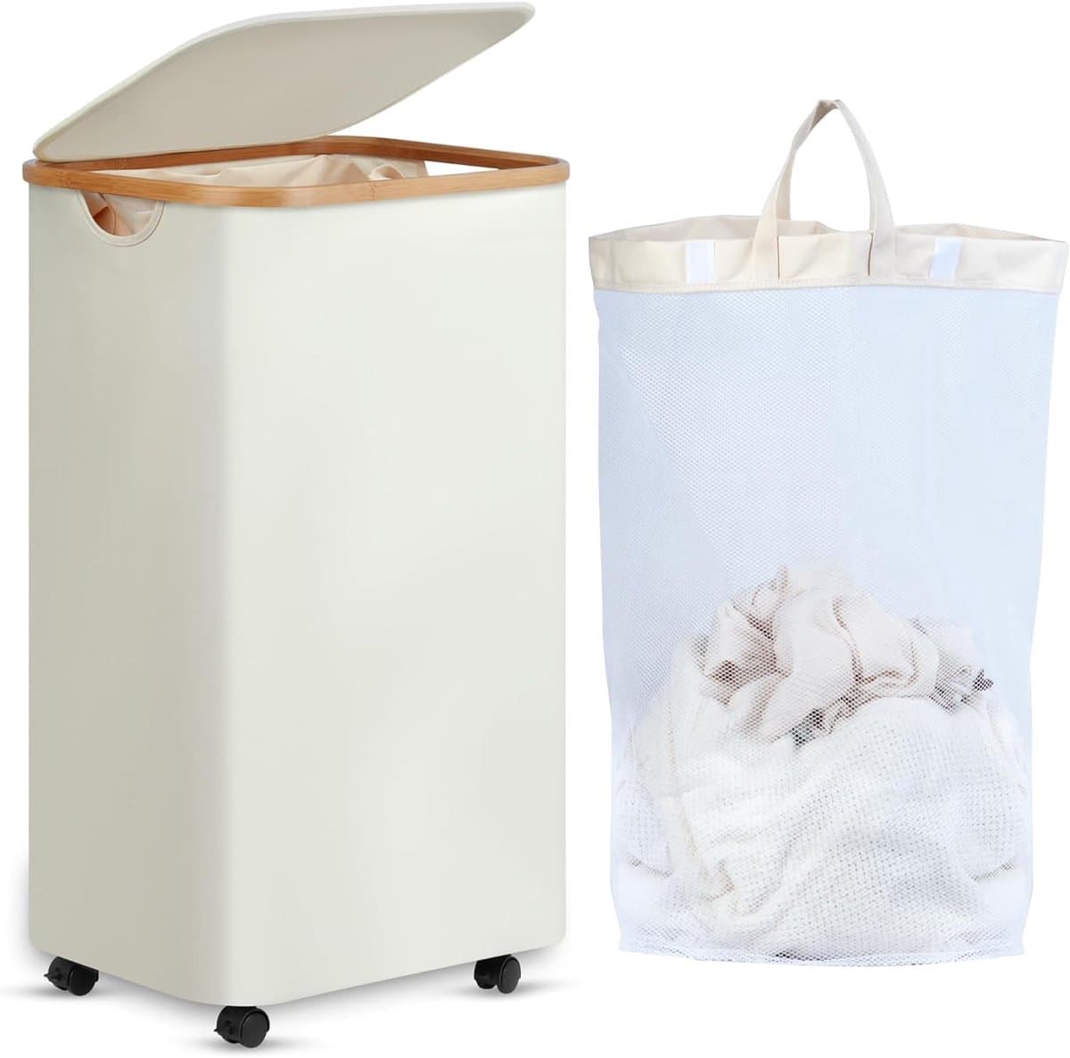 XL Wasmand met Wieltjes - 100 Liter - Beige - Bamboe - Met Deksel — afbeelding 1