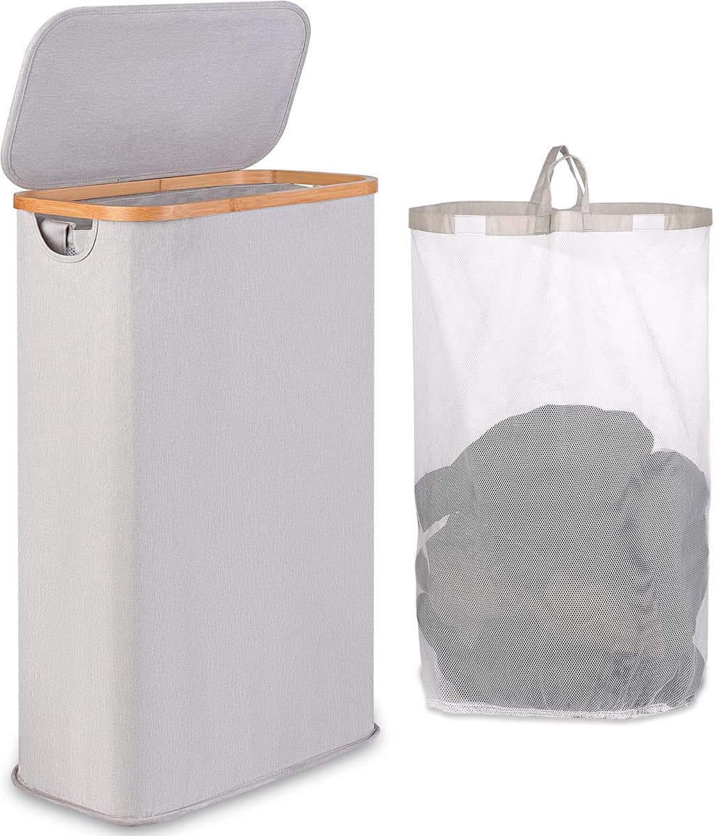Wasmand 60 l - smal en opvouwbaar - lichtgrijs - met bamboe handvat — afbeelding 1