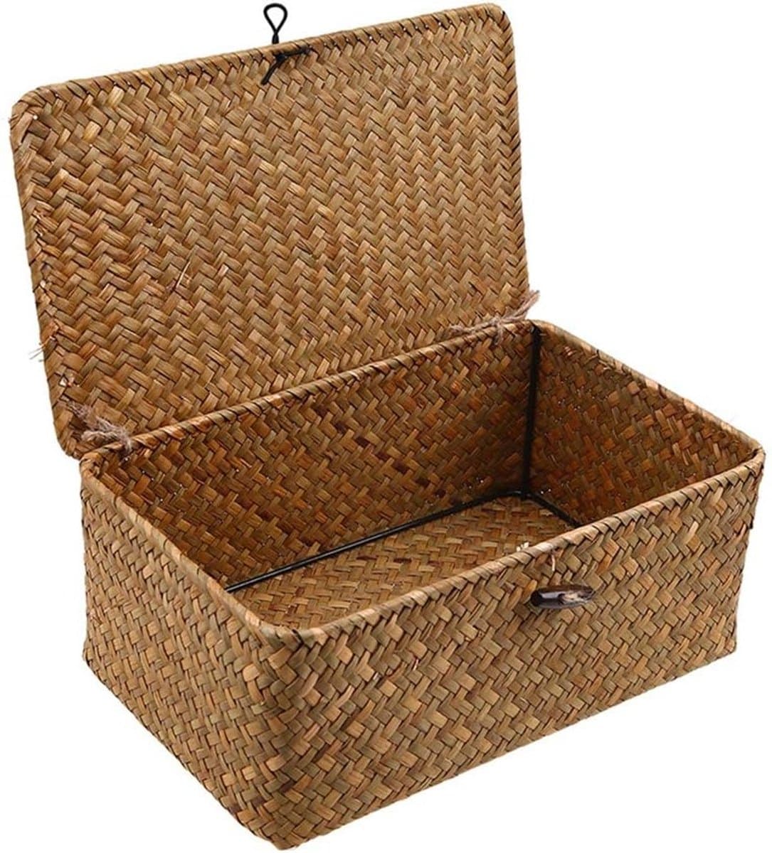 Woven Rattan Opbergmand met Deksel - Seagrass Wasmand en Make-up Organizer voor Badkamer, Woonkamer of Keuken (S) — afbeelding 1