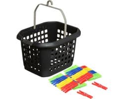 Wasknijpers ophang mandje/bakje - zwart - met 48x plastic knijpers