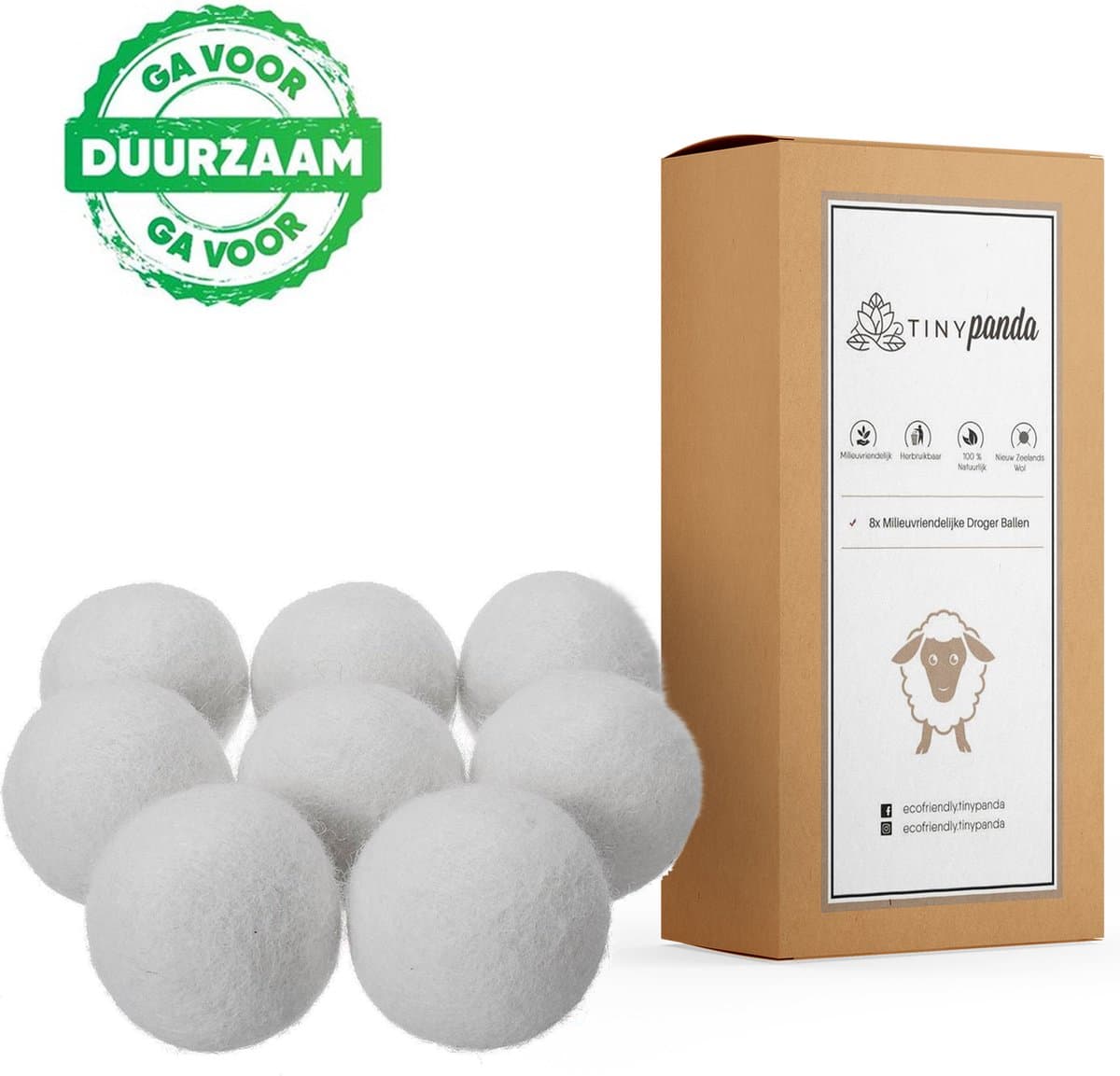Tiny Panda - Wasbollen - Droger Ballen XL 8 stuks – Zero waste Dryer Balls - Duurzaam – Wasverzachter – Herbruikbare Drogerballen – Droogt de was sneller — afbeelding 1