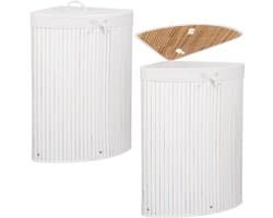 Springos Hoek Wasmand | Bamboe | Met Deksel | 73 L | Met Stoffen Waszak | Wasmand Driehoek | Wit