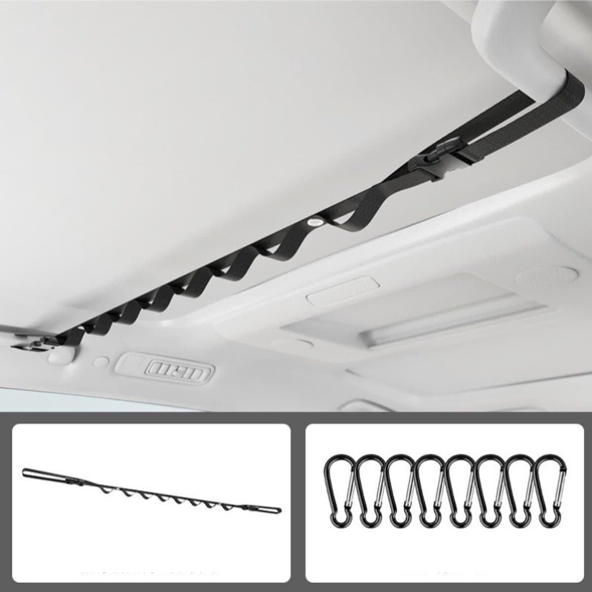 Waslijn voor in de auto - Ophanglijn voor in de auto - Waslijn - Kledingstang voor in de auto - Inclusief 8 karabijnhaken - Auto-accessoires - Geschikt voor de meeste auto's - Zwart - 83-119 cm - Karabijnhaken 4,7 × 2,3 cm — afbeelding 1