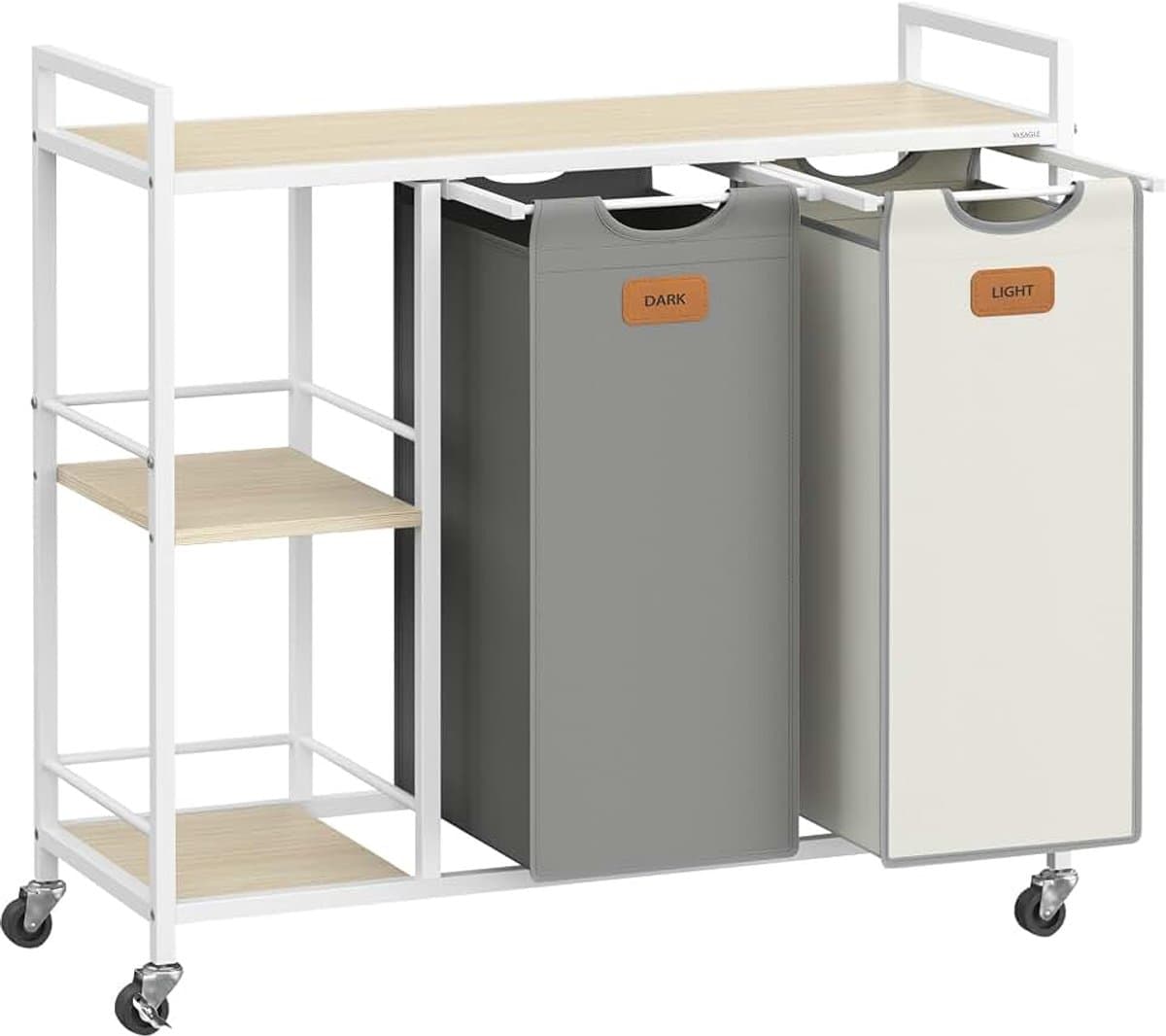 Wasmand, 2 vakken, wasmand 100 l, bak, wieltjes, trolley met planken, tas, afneembare zakken, 6 etiketten, natuurlijk beige, duifgrijs en crèmewit BLH311G01 — afbeelding 1