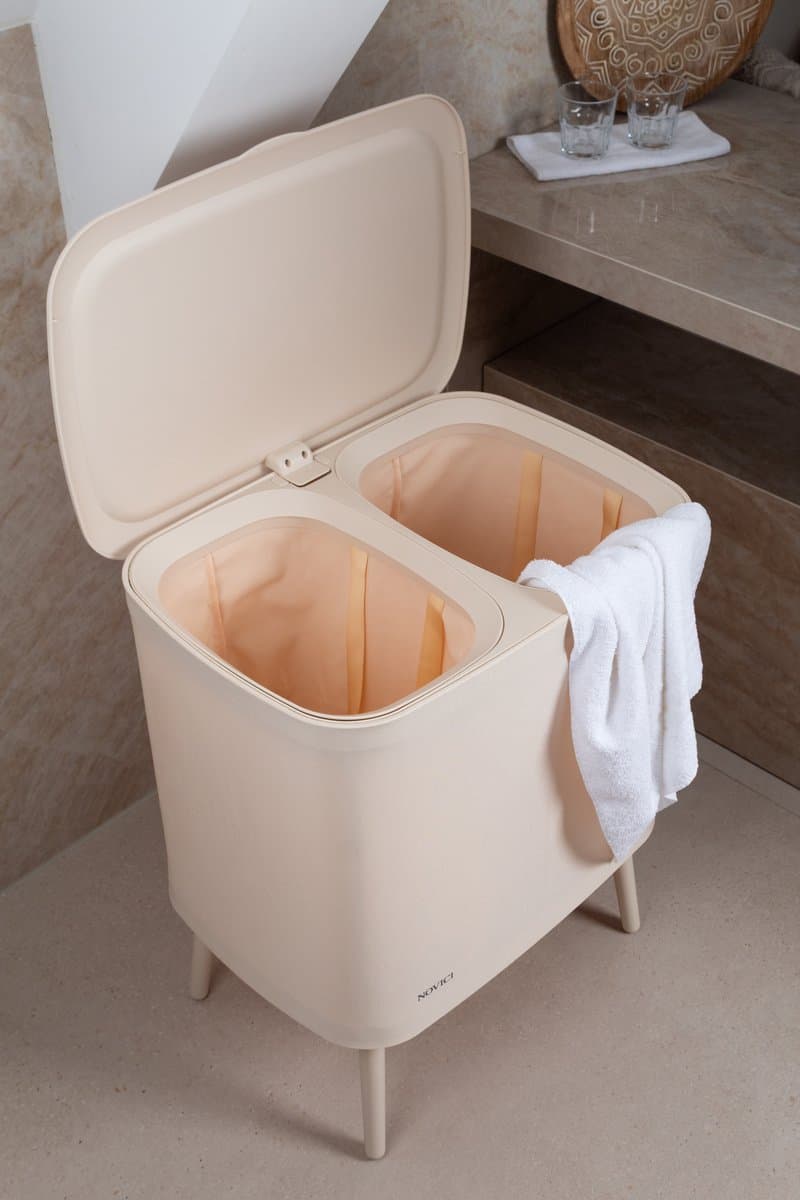 Novici wasmand beige 60L - wasmand op pootjes - wasmand op poten - wassorteerder met 2 vakken - wasbox - beige wasmand — afbeelding 1