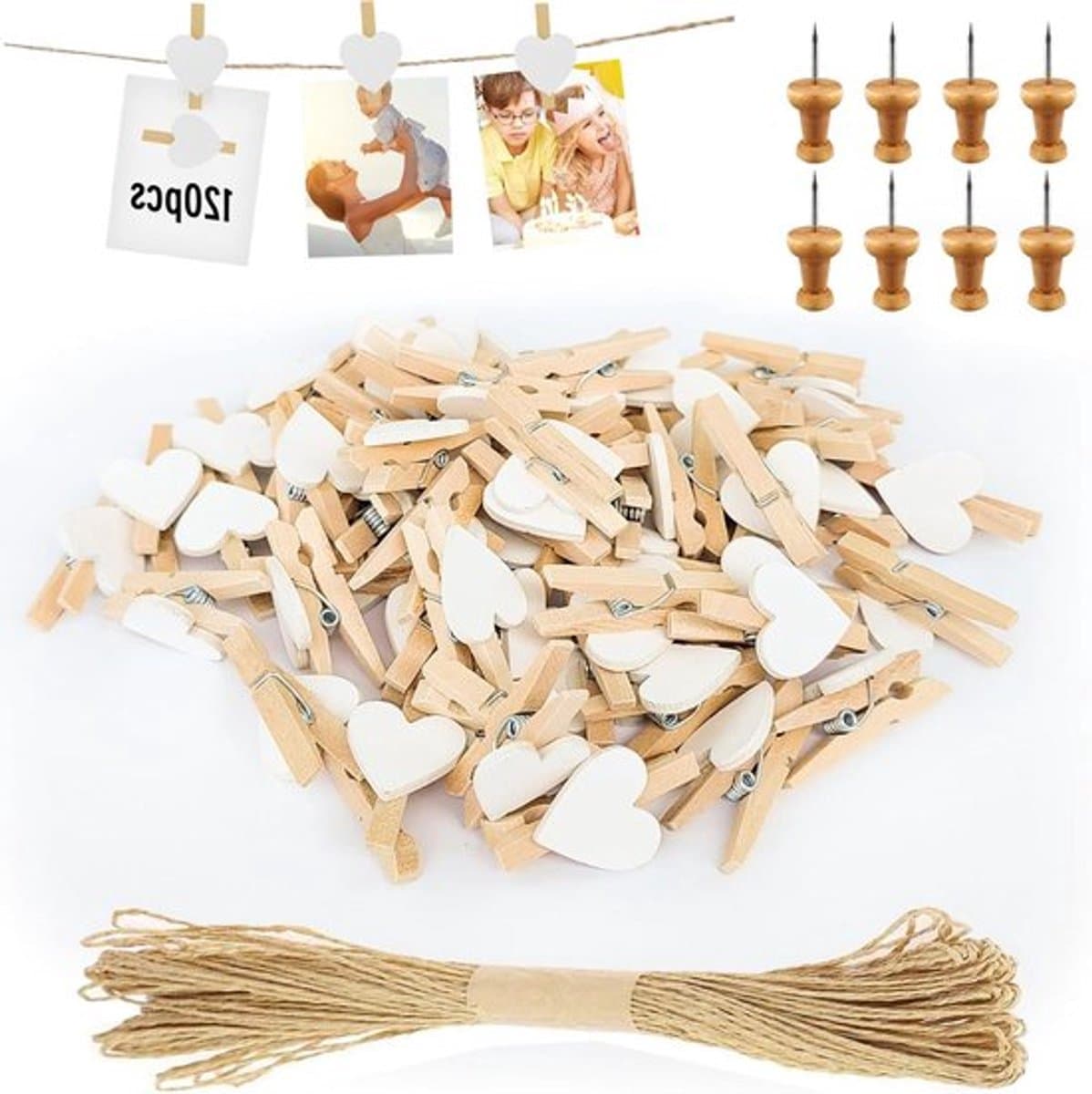 Mini-wasknijpers - decoratie - polaroid - bruiloft - houten knijpers - doe-het-zelf - fotowand - display - feest - wit - 120 stuks met hartjes design, inclusief 10 m jute koord voor foto's. — afbeelding 1