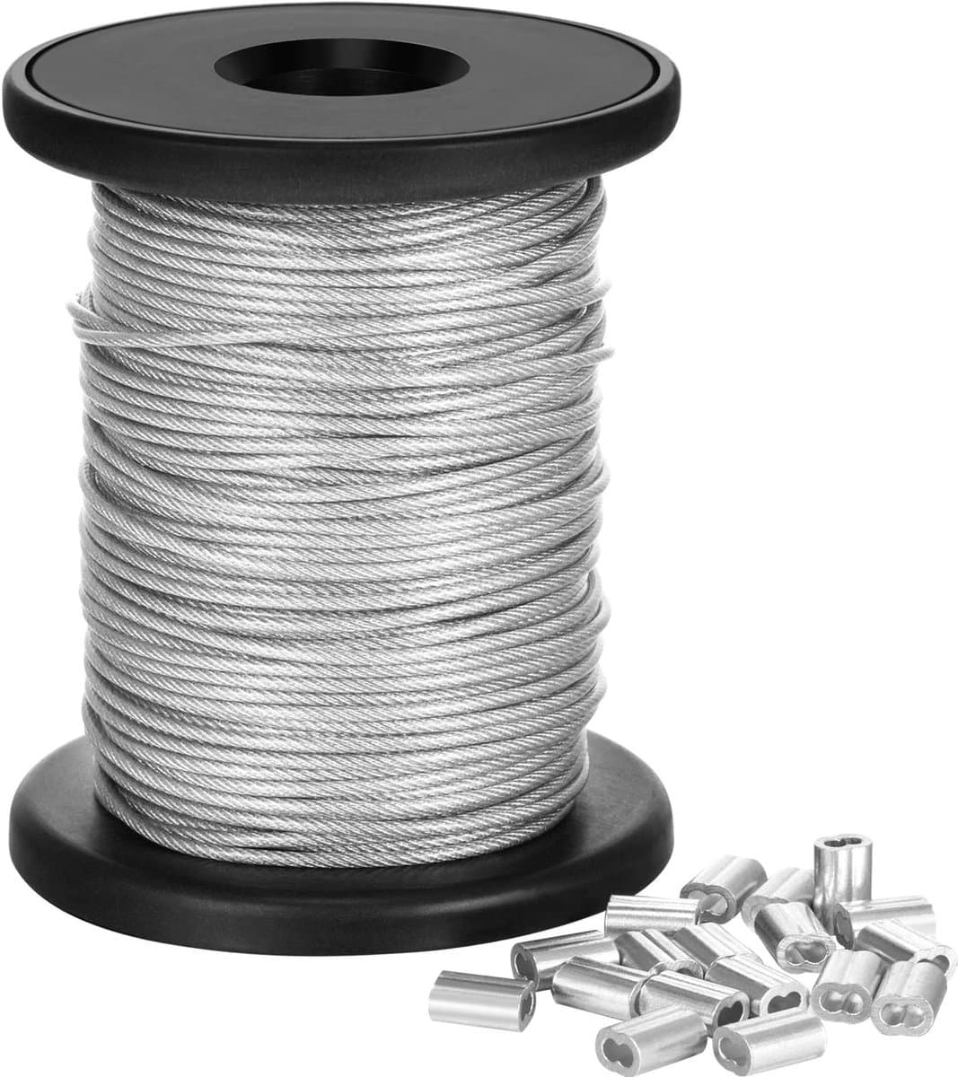 30 m roestvrijstalen ophangdraad (1 mm) met 20 aluminium klemhulzen – voor fotolijsten, spiegels, wanddecoraties, hangende plantenpotten en plafondlampen — afbeelding 1