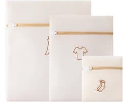 SnelShoppen - Set van 3 wasnetten voor wasmachine, dikke waszak met geel borduurwerk, anti-vervorming, ritssluiting, bescherming voor delicate kleding