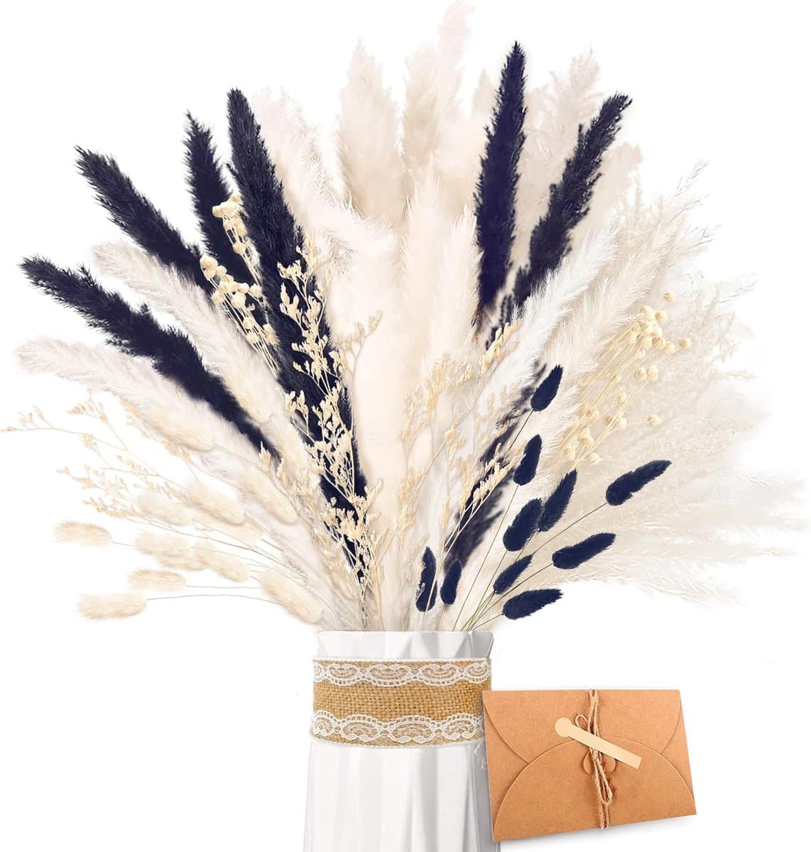 Gedroogd Pampasgras - Natuurlijke Gedroogde Bloemen, Zwart en Wit Pampasgras Pluizige Bladeren, Gedroogd Bloemenboeket Voor Knutselen, voor Bruiloftstafel Woonkamer Vazen Boho Home Decor — afbeelding 1
