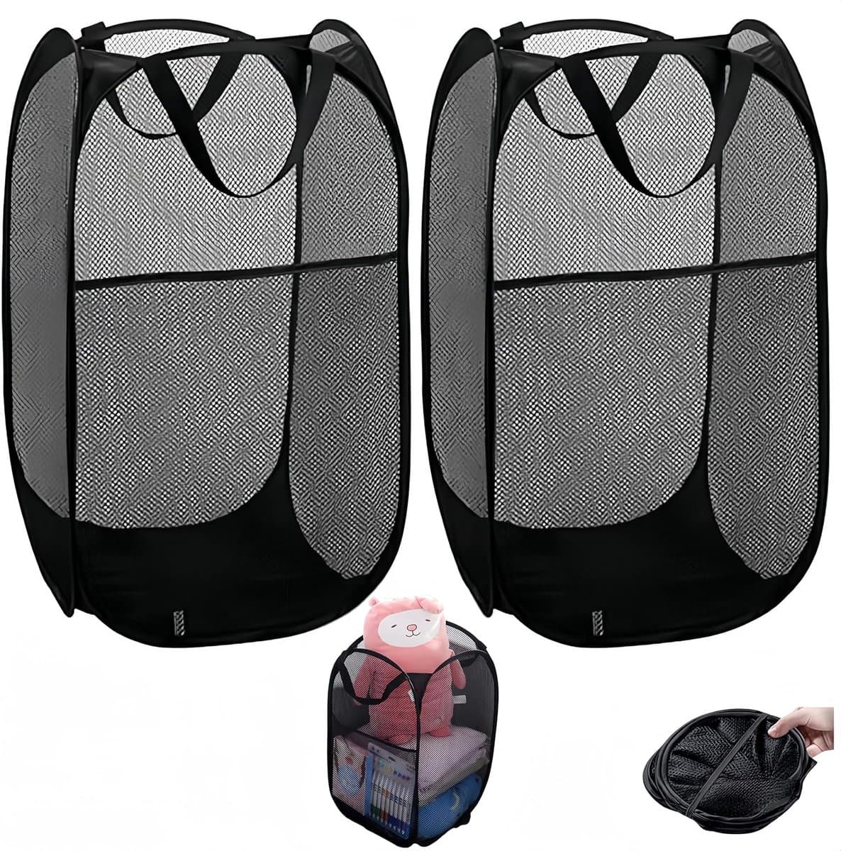 Thijox - 2 Stuks Opvouwbare Wasmand Met Handvat - Draagbare Zwarte Mesh Opbergmanden - Inklapbare Pop-Up Wasmanden Voor Thuis, Camping, Kinderen — afbeelding 1