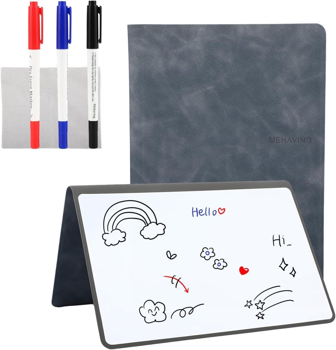 A5 uitwisbaar draagbaar whiteboard met 3 kleurpotloden, mini opvouwbaar draagbaar whiteboard, met PU-hoes en reinigingsdoek, grijs — afbeelding 1