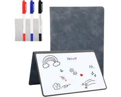 A5 uitwisbaar draagbaar whiteboard met 3 kleurpotloden, mini opvouwbaar draagbaar whiteboard, met PU-hoes en reinigingsdoek, grijs