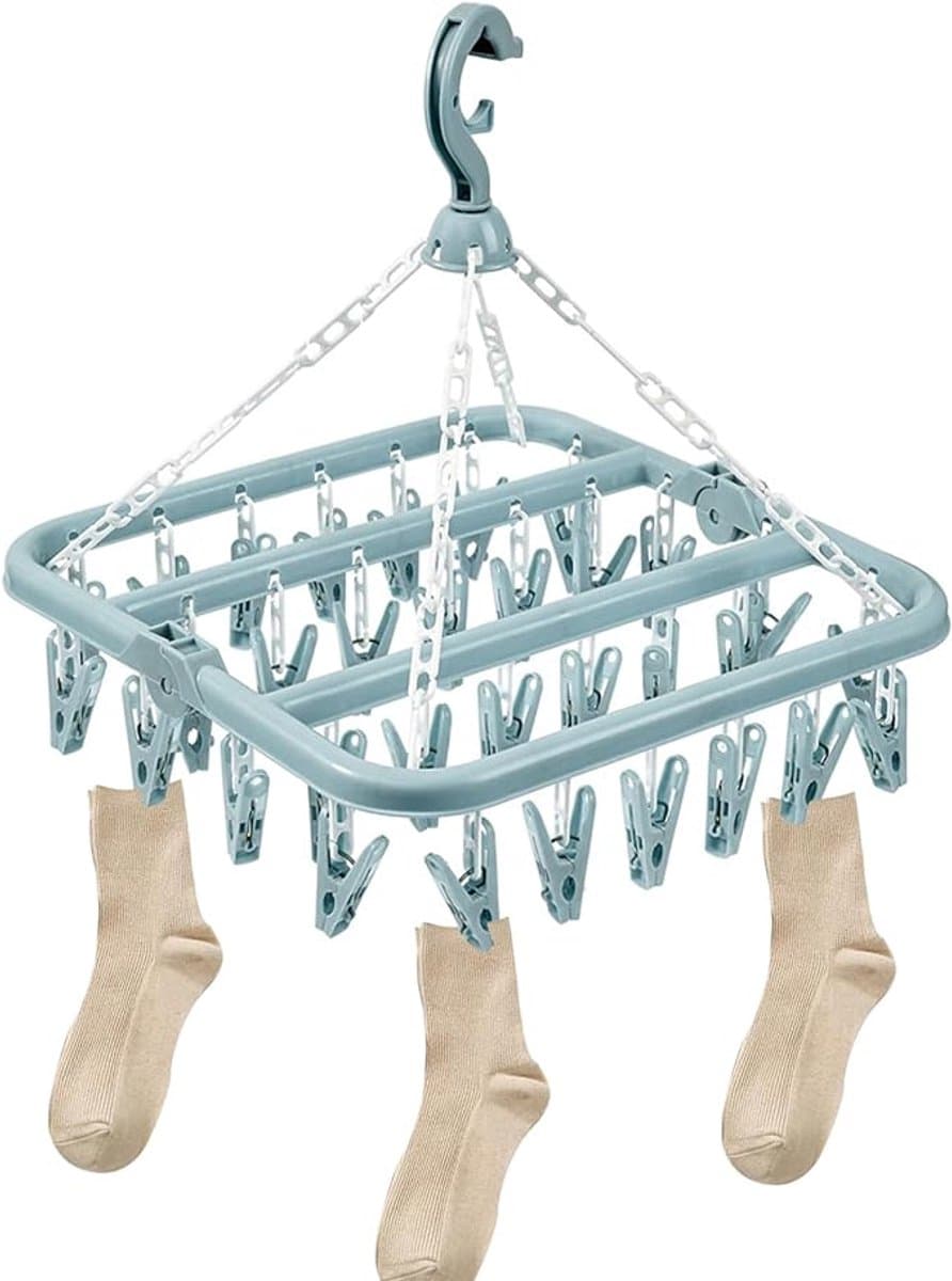 Sokkendroger - 32 Knijpers - Sokken Droger - Beha's - bh's - Ondergoed - Multifunctionele kledingclips - Wasrek Sokken - Wasrek - Droogrek - Klein Wasrekje - Washanger - Sokkendroogrek - Kleerhanger voor Sokken - Windbestendig - Blauw — afbeelding 1