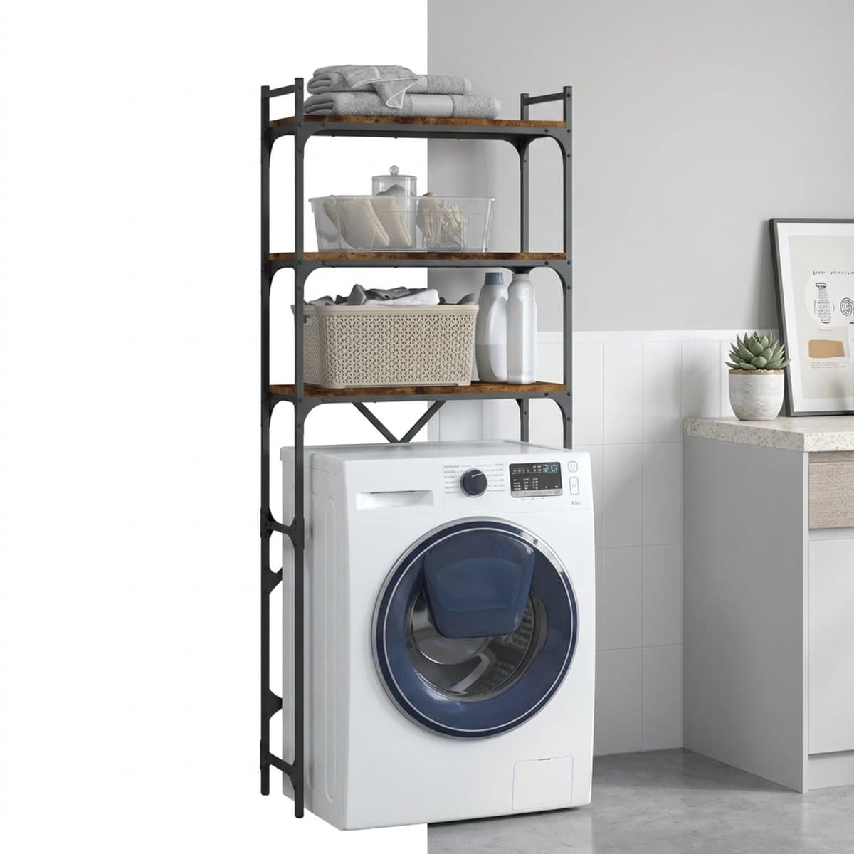 Wasmachine rek - Opbergrek - Wasmachine meubel - Opbouwmeubel - Toilet Rek - 67x25x163 cm - Hout - Gerookt Eiken — afbeelding 1