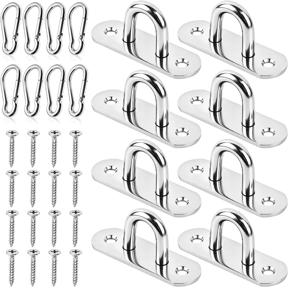 SnelShoppen - RVS Oogplaat Set van 8 met Carabiners - Muur- en Plafondbevestiging - Perfect voor Tuin, Camping, en Binnengebruik — afbeelding 1