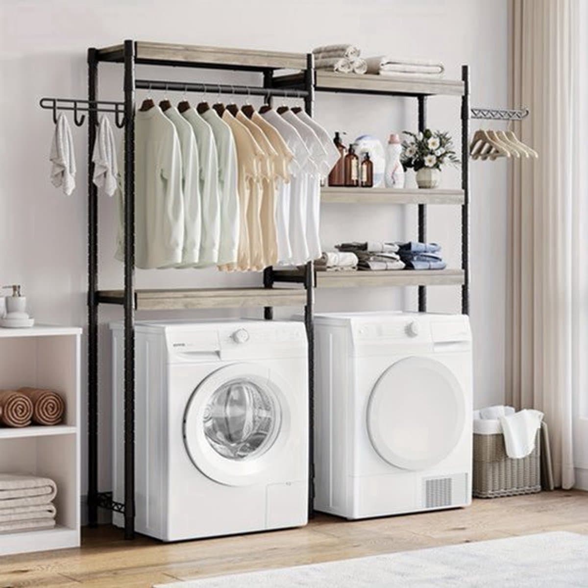 Wasmandrek – Wasmand Kastje – Wasruimte Organizer – Wassorteerder – Badkamerrek – Vrijstaand Houten Rek – 5 Lagen Met Dubbele Rijen – Praktisch Ruimtebesparend 76 cm Hoog — afbeelding 1