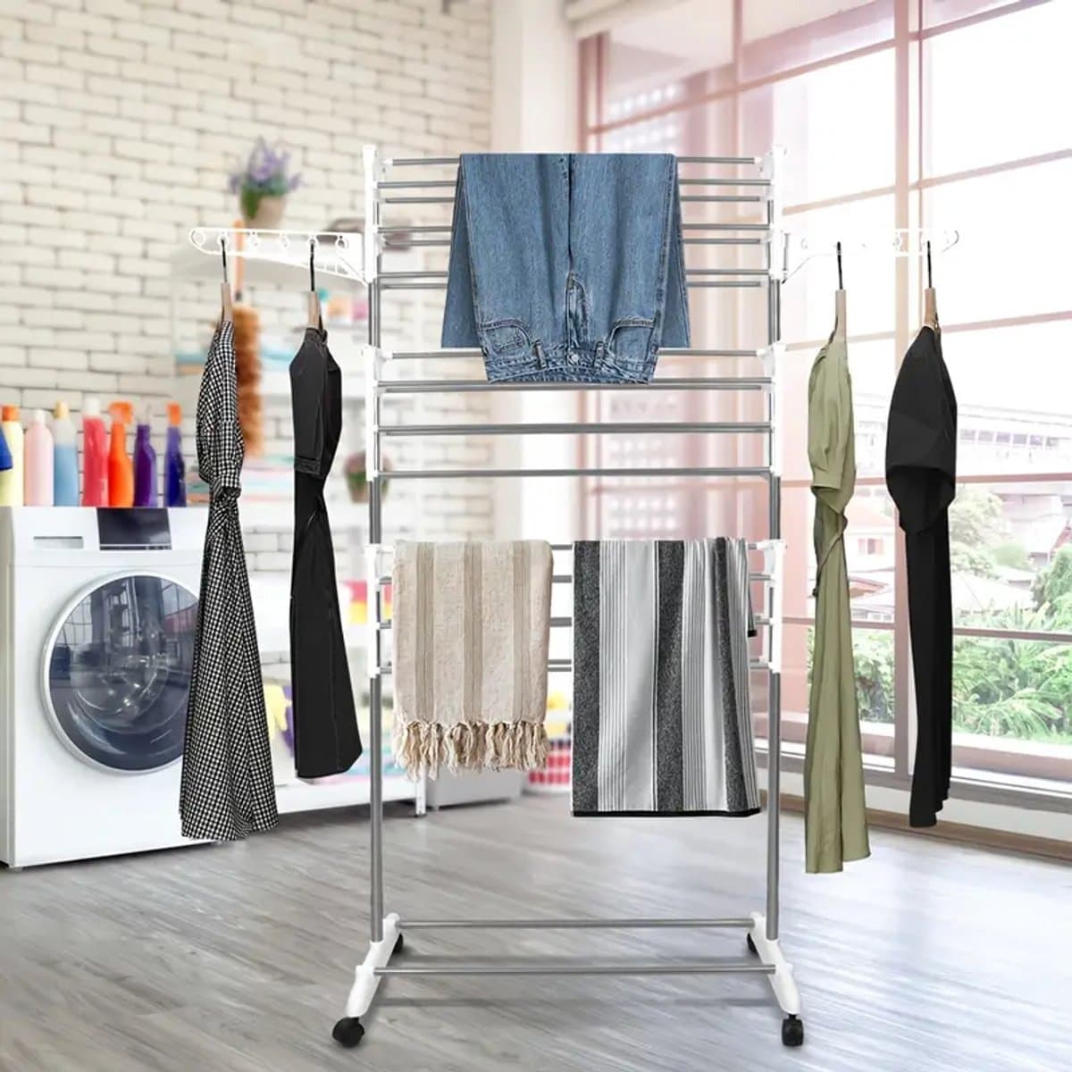 3-Laags Opvouwbaar Droogrek met Wieltjes – 158×75×44 cm — afbeelding 1