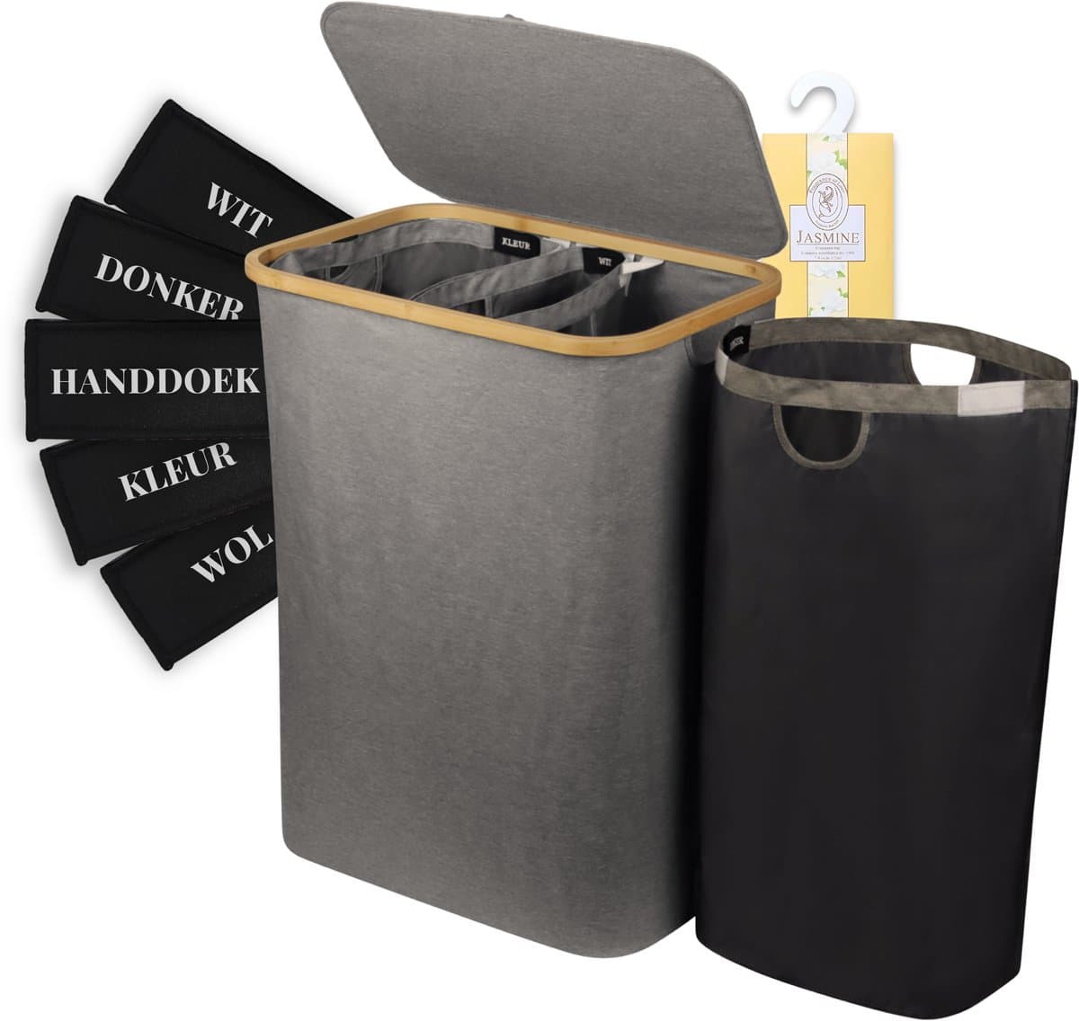 Sivableu Wasmand Zwart 3 vakken – Wassorteerder – 160L – 3 uitneembare zakken – Wasmand met Deksel – opvouwbaar - Laundry Basket - Wasbox - Bamboe - Labels — afbeelding 1