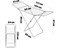 Droogrek, 180 x 55 x 101 cm - luchtstroomwasrek, wasdroger met antislipvoeten, vleugelwasdroger, kleding - Zilver Kadax