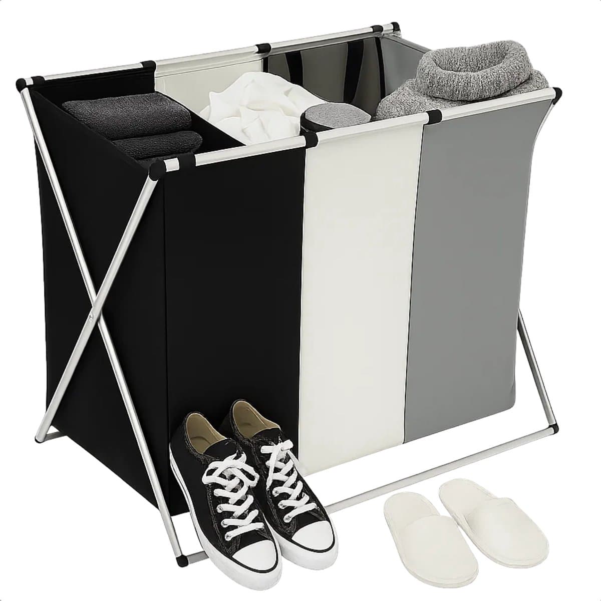 Lomera Wasmand 3 Vakken - Wassorteerder - Aluminium En Katoen - Afneembare Waszak - Draaghengsel - Insteekvakken - Laundry Basket - Wasmand Met Klittenbandsluiting — afbeelding 1
