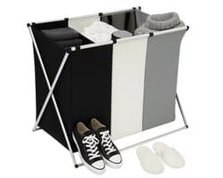 Lomera Wasmand 3 Vakken - Wassorteerder - Aluminium En Katoen - Afneembare Waszak - Draaghengsel - Insteekvakken - Laundry Basket - Wasmand Met Klittenbandsluiting