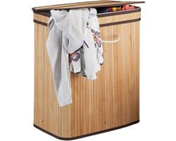 3x wasmand met deksel - 2 vakken - bamboe wasbox - mand voor wasgoed - natuur