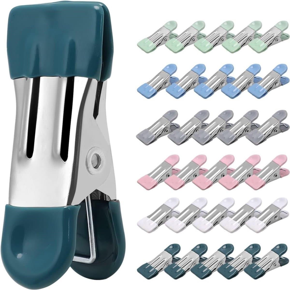 Daity Verpakking van 30 - Multifunctionele droogklemmen zonder strepen - metalen chipklemmen van 5,5 cm - wasknijpers voor het drogen van foto's - sokken - tasklemmen voor voedsel in de keuken - roestvrij staal met rubber - 6 kleuren - 5 van elk — afbeelding 1