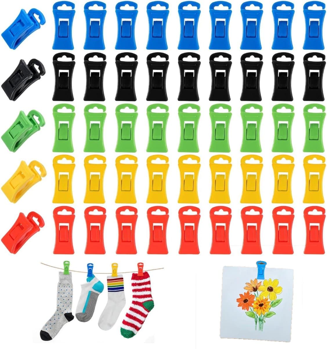 50 stuks - Sokkenklemmen voor wasgoed - Antislip wasknijpers - Waslijnknijpers, 5 kleuren - zwart, rood, geel, blauw, groen 2,8 cm — afbeelding 1