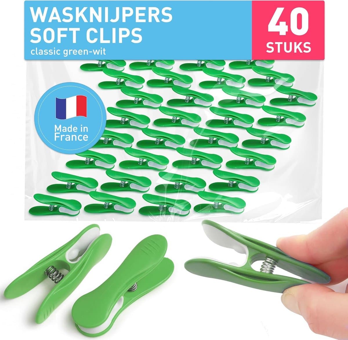 Zachte Wasknijpers - 40 Stuks in Classic Groen-Wit | Duurzame en Veilig Ophang Clips — afbeelding 1