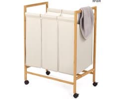 RFWR® Wasmand met 3 Vakken van Bamboe en Wielen – Praktische Oplossing voor het Sorteren van Wasgoed