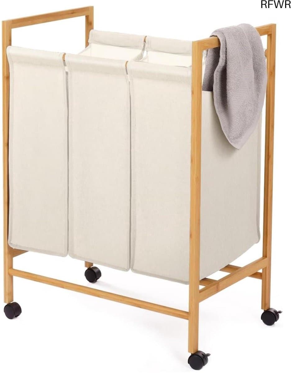 RFWR® Wasmand met 3 Vakken van Bamboe en Wielen – Praktische Oplossing voor het Sorteren van Wasgoed — afbeelding 1