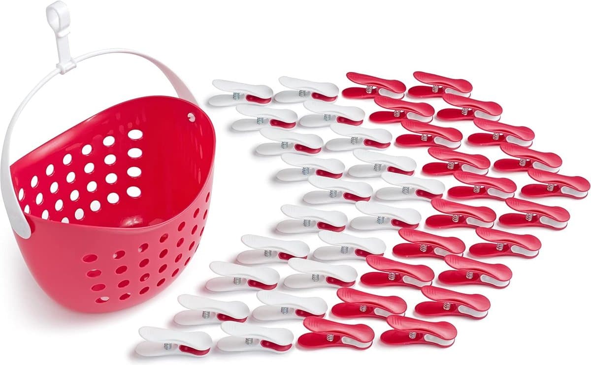 Magenta Wasknijpers, stabiel, zonder afdruk, zachte clips met wasknijpermand, 40 stuks, met wasknijpermand/Viva Magenta wit/wit, Viva Magenta mand, wit — afbeelding 1