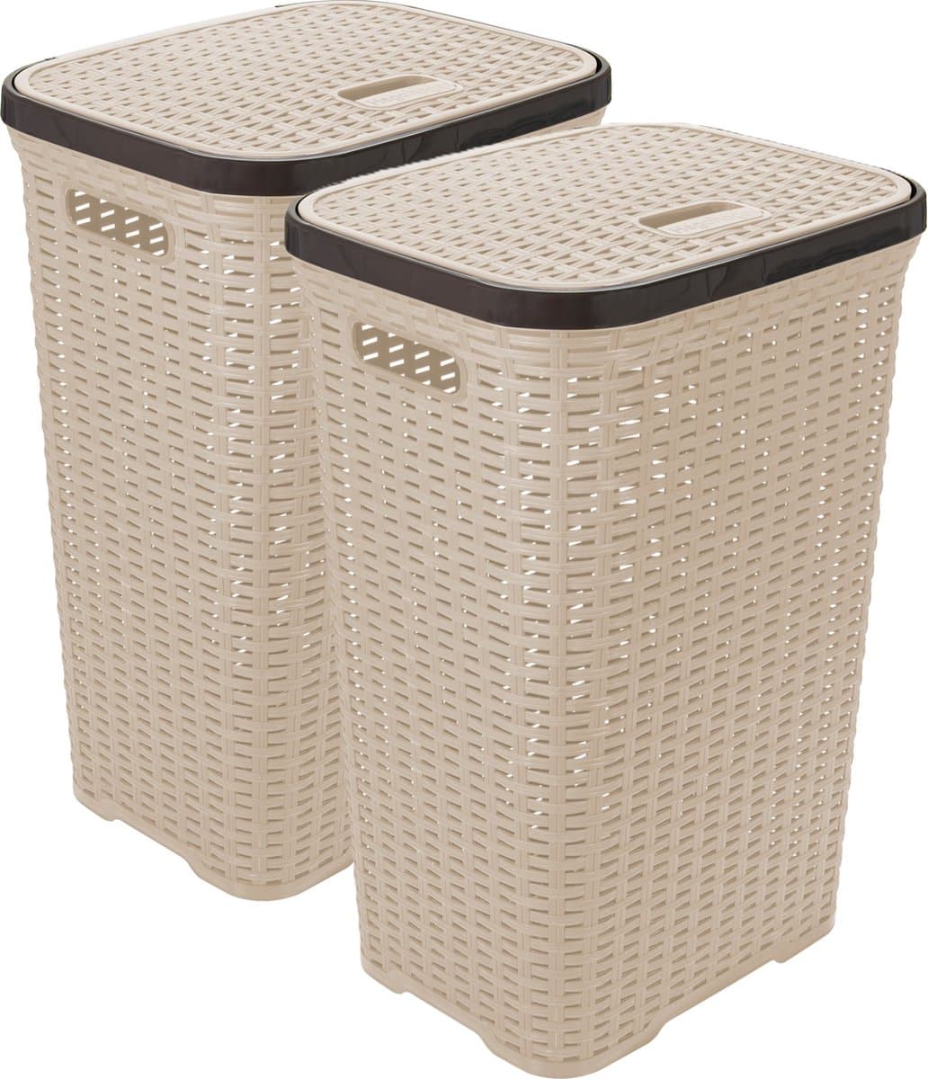 Hega Hogar Wasmand met deksel Rotan - 2x - beige - gevlochten kunststof - 60 liter - 34 x 43 x 62 cm — afbeelding 1