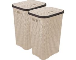 Hega Hogar Wasmand met deksel Rotan - 2x - beige - gevlochten kunststof - 60 liter - 34 x 43 x 62 cm