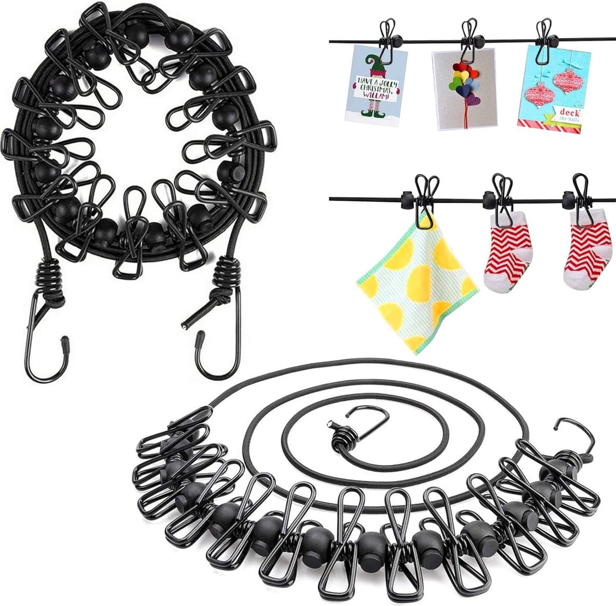 2 stuks draagbare waslijn camping, elastische waslijn, uittrekbaar, reiswaslijn met 12 stuks klemmen en 13 stuks positionering welvingen voor reizen, vakantie, outdoor, camping, slaapzaal — afbeelding 1