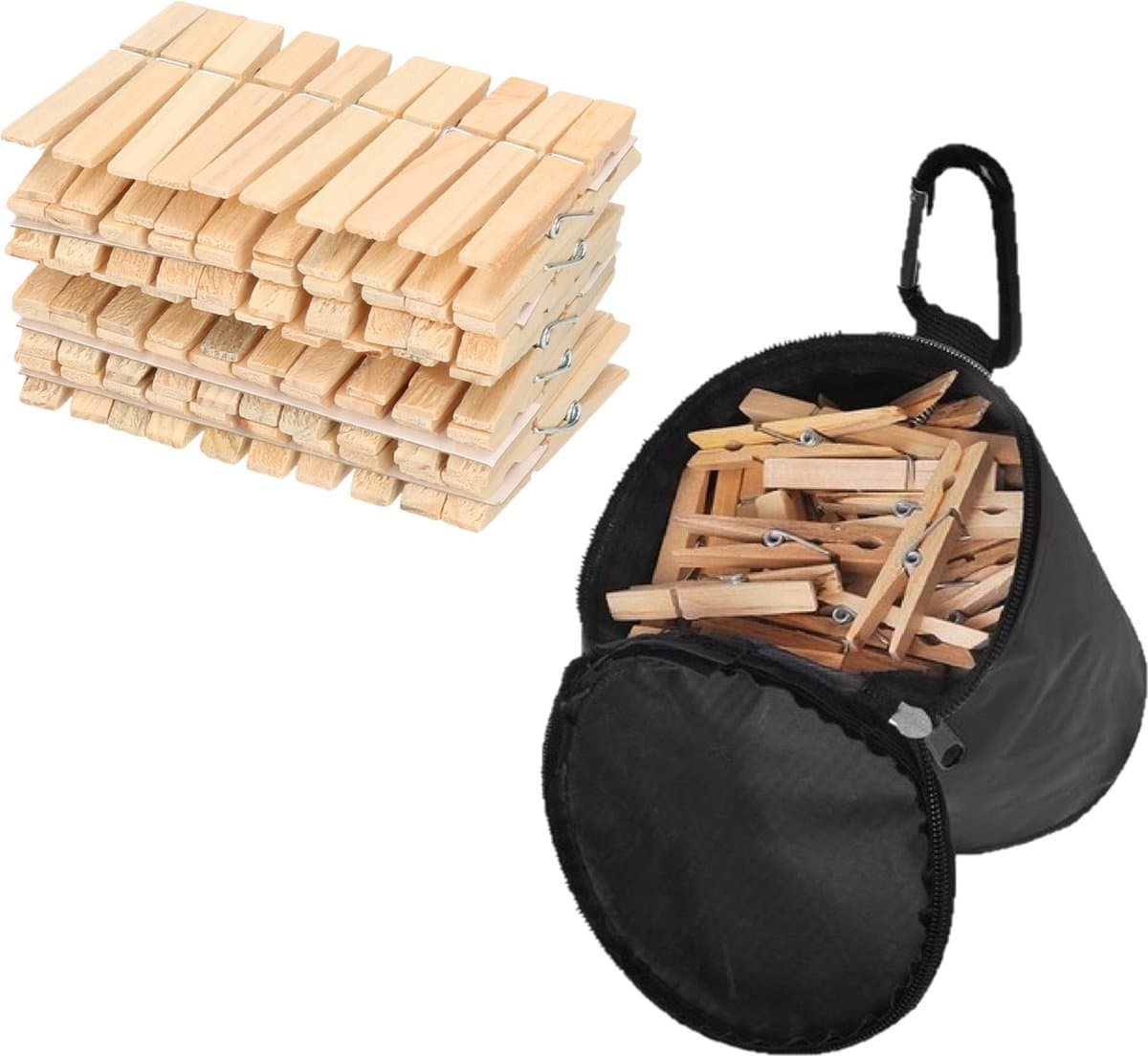 Sorx - Wasknijpers zak met karabijn ophanghaak - 100x wasknijpers hout — afbeelding 1