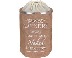 Ronde Wasmand met deksel- 50 L - Tekst LAUNDRY TODAY OR NAKED TOMORROW - Badkamer wasmand afsluitbaar - Waszak - Beige
