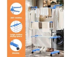 3-Laags Wasdroogrek met Verstelbare Stangen en Wielen – Opvouwbaar Droogrek met Hangers – Geschikt voor Binnen & Buiten