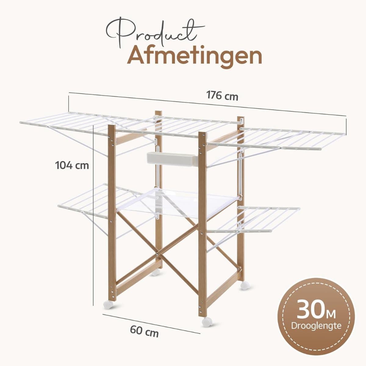 White-Label® Wasrek Inklapbaar op Wieltjes - Droogmolen - Droogtoren Staand — afbeelding 1