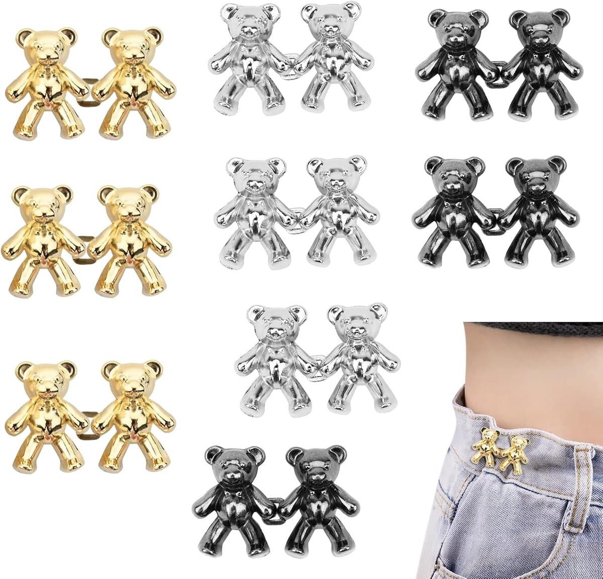 9 Paar Verstelbare Jeansknopen Pinnen voor een Strakkere Taille - Zilveren, Gouden en Zwarte Clips — afbeelding 1
