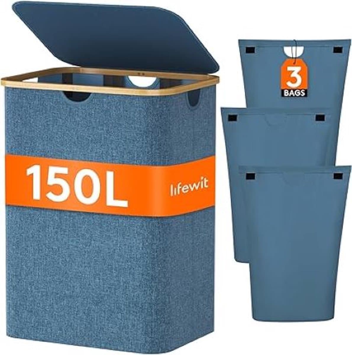 wasmand met deksel-150l- grote wasmand 3 vakken- sorteerbak-Donkerblauw — afbeelding 1