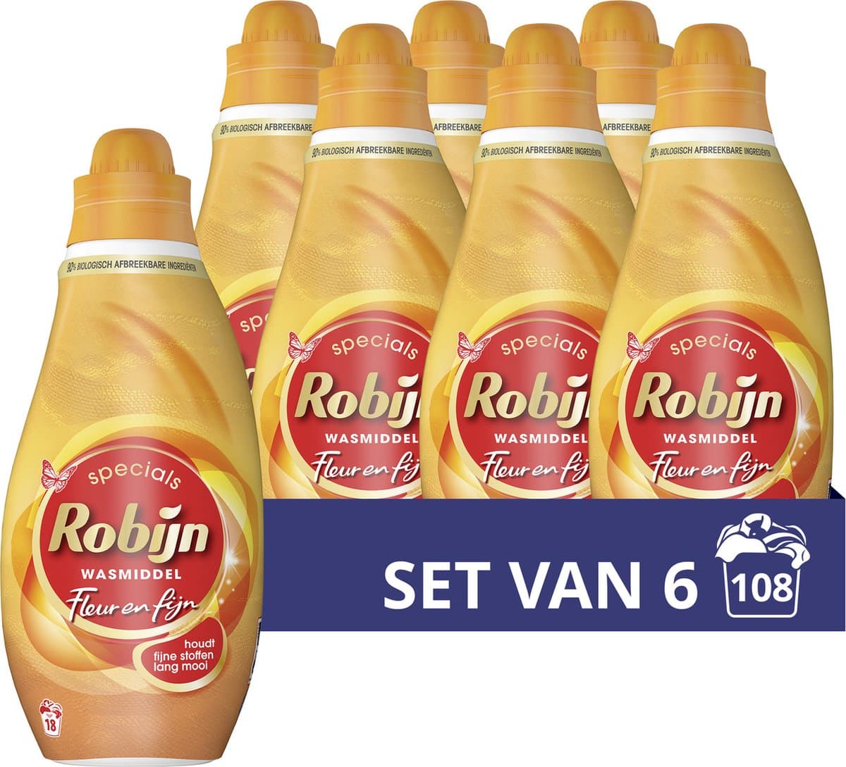 Robijn - Vloeibaar Wasmiddel -Fleur & Fijn - 6 flessen - 108 Wasbeurten - Voordeelverpakking — afbeelding 1