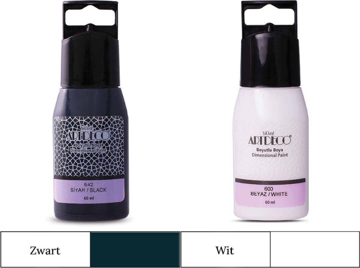Artdeco Dimensional Paint, Relief Paint, Dimensional Fabric Paint, 3D Liner - 3D Verf - 3D Paint, Textuurschilderen, Reliëf Schilderen, Metallic Kleuren - Stof, Glas, Keramiek, Karton, Metaal, Papier, Steen - 50 ml Wit +50 ml Zwart — afbeelding 1