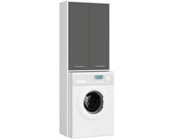 Badkamerkast voor Wasmachine FIN / Hoge Wasmachinekast met 2 Deuren / AKORD Furniture Factory / Wit - Grafietgrijs / 64 x 180 x 30 cm