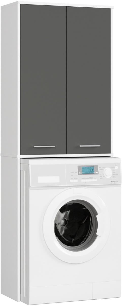 Badkamerkast voor Wasmachine FIN / Hoge Wasmachinekast met 2 Deuren / AKORD Furniture Factory / Wit - Grafietgrijs / 64 x 180 x 30 cm — afbeelding 1