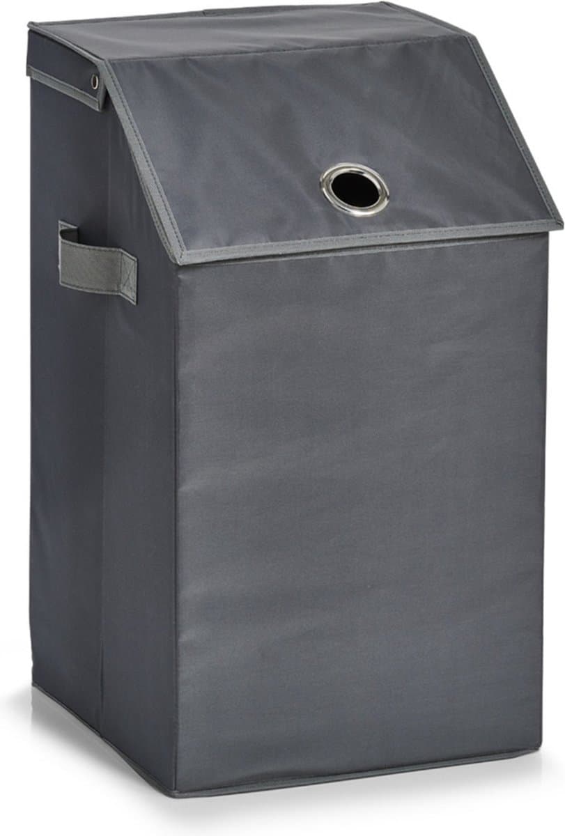 Zeller Wasmand - antraciet - met deksel - polyester - 34 x 34 x 60 cm - Wasgoedmanden — afbeelding 1