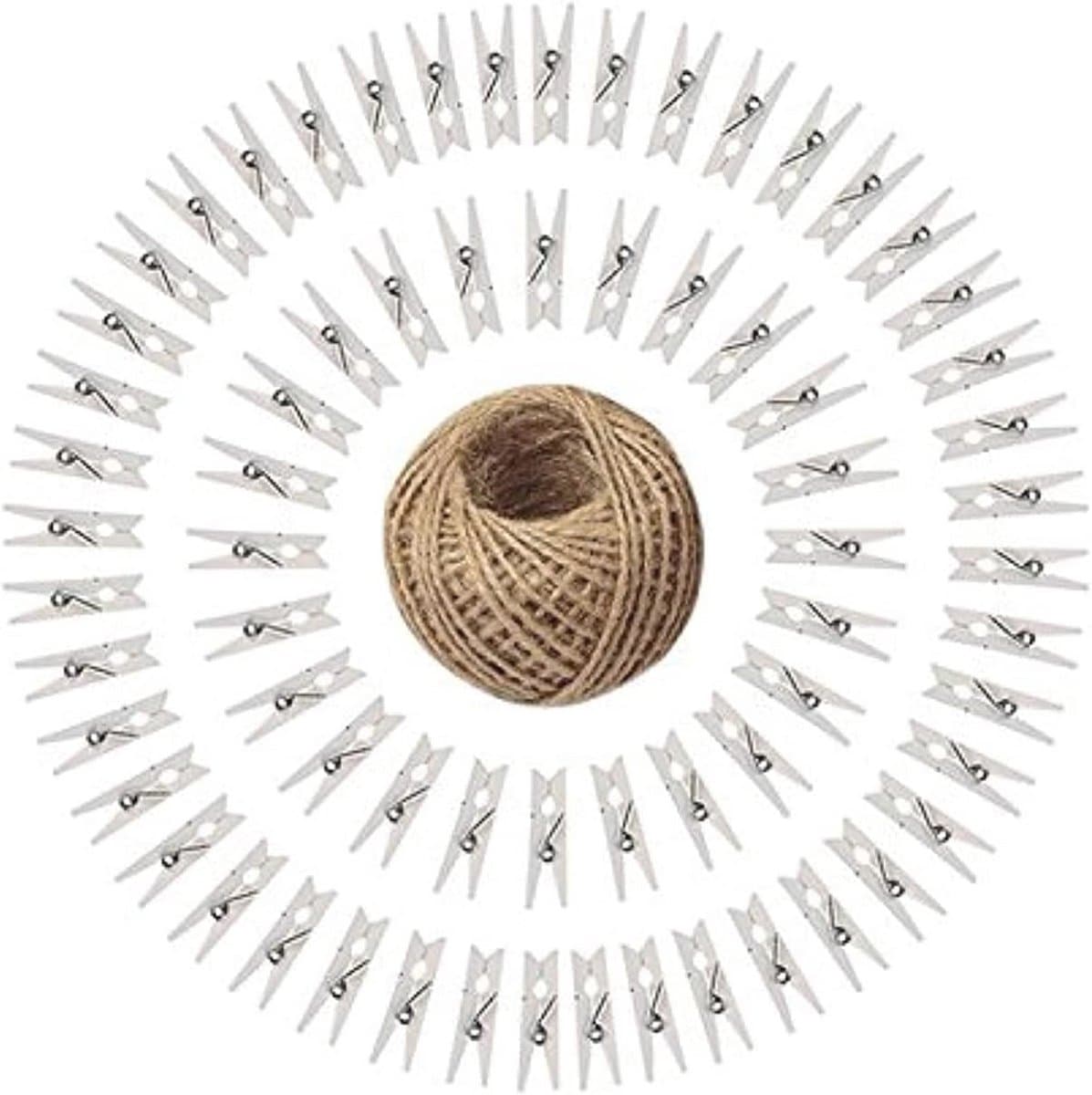 Mini Houten Wasknijpers met Jute Koord - 100 Stuks voor Creatieve Displays en Evenementen — afbeelding 1