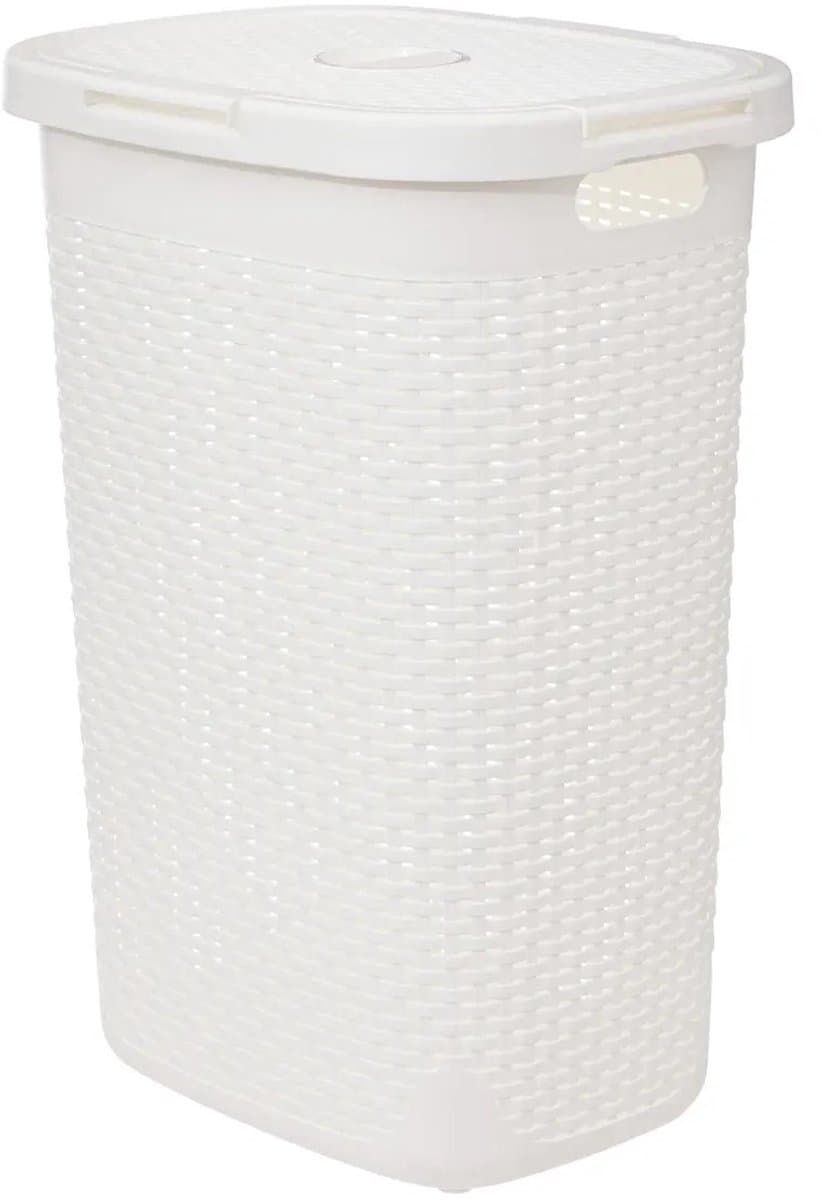 5Five Wasmand met deksel Rotan - wit - gevlochten kunststof - 60 liter - 45 x 35 x 66 cm — afbeelding 1