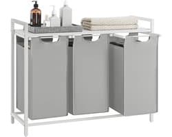 VASAGLE Wasmand 3 vakken, wasmand met plank, wasbox, waszak van uittrekbaar verwijderbare Oxford-stof, metalen frame, 3 x 38 L, 92,5 x 33 x 72 cm, duifgrijs
